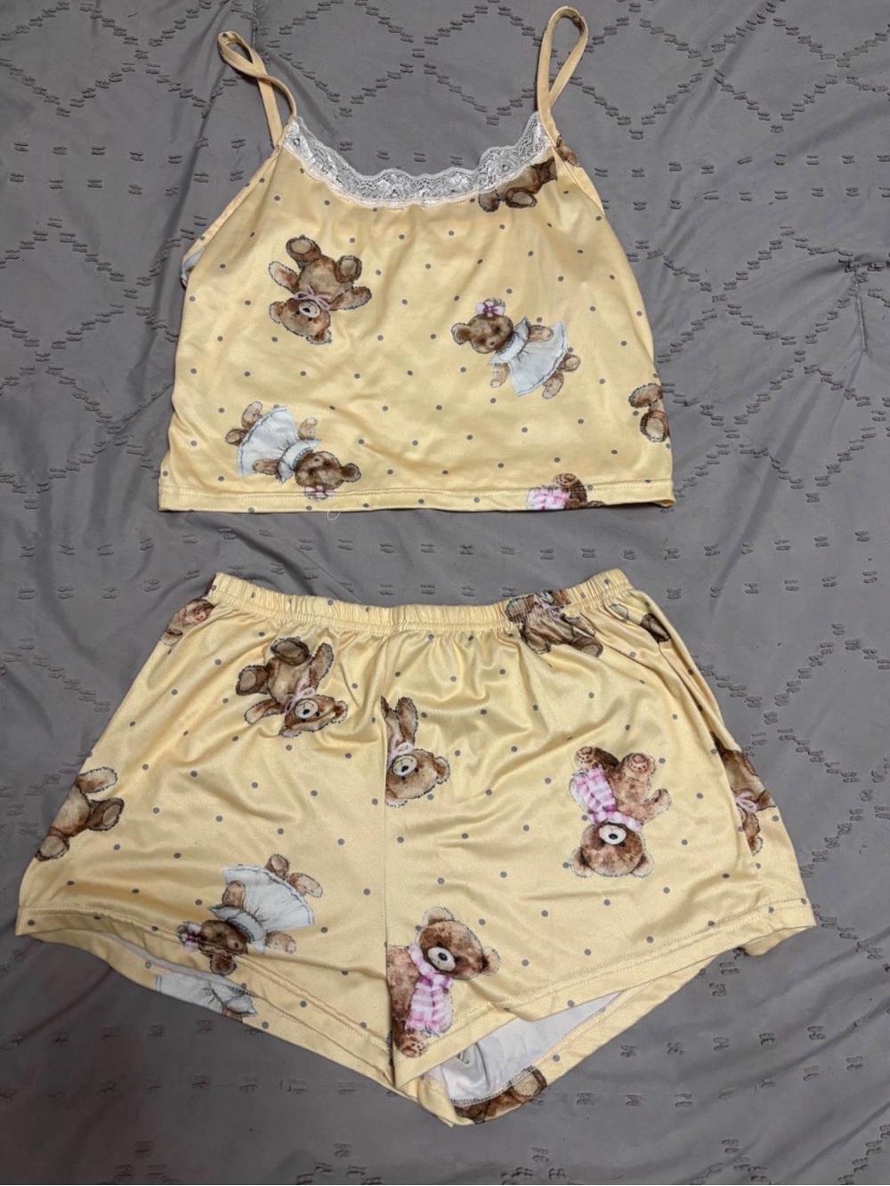 Women’s Yellow Teddy Bear Pajama Set with Lace Trim